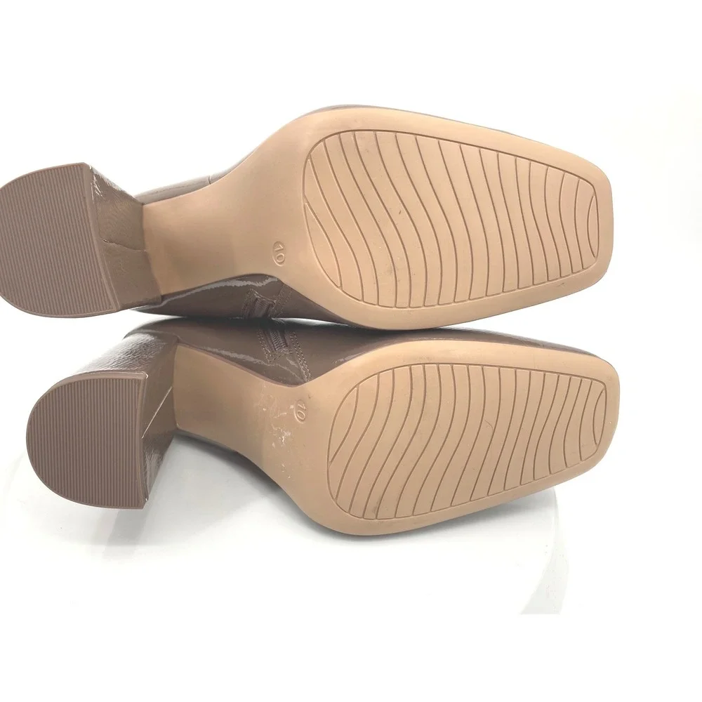 Michael‎ Kors Sterling Ankle Boots Womens 10 Taupe Patent Block Heel Square Toe